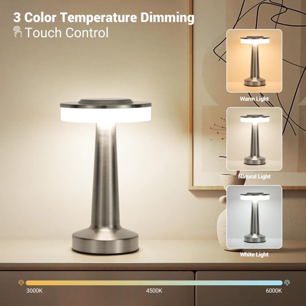 ⁦LED Touch Lamp – 3 Light Modes – Rechargeable Metal Table Lamp with USB Cable – Modern Desk Light – Home Vibe⁩ - الصورة ⁦3⁩