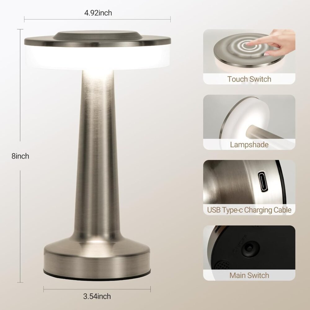 ⁦LED Touch Lamp – 3 Light Modes – Rechargeable Metal Table Lamp with USB Cable – Modern Desk Light – Home Vibe⁩ - الصورة ⁦5⁩